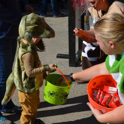 Child in dinosaur costume and volunteer
