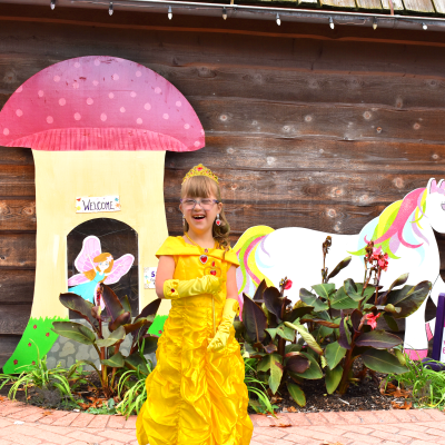 Girl in princess dress in front of decorations